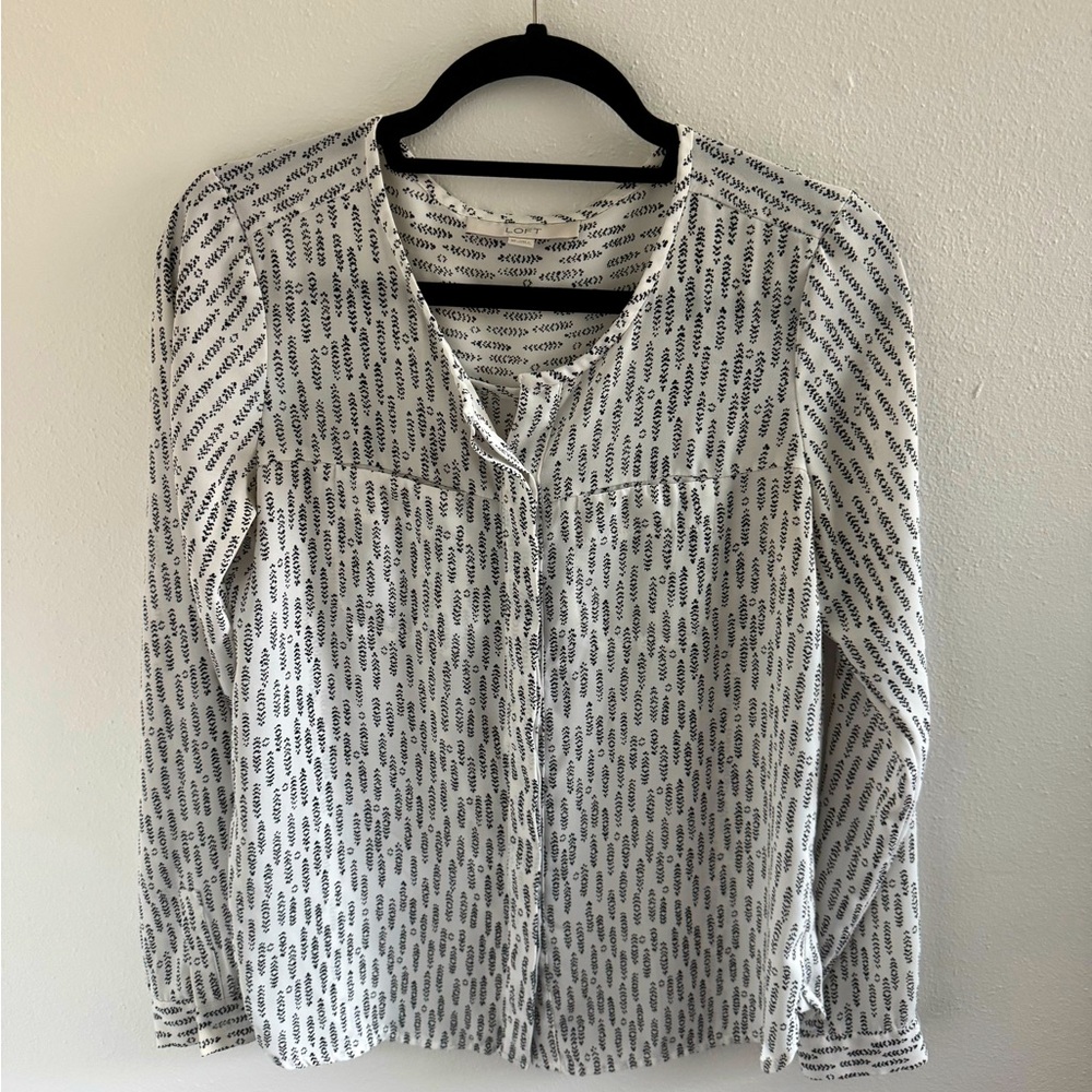 LOFT White Blouse with Black Micro-Print